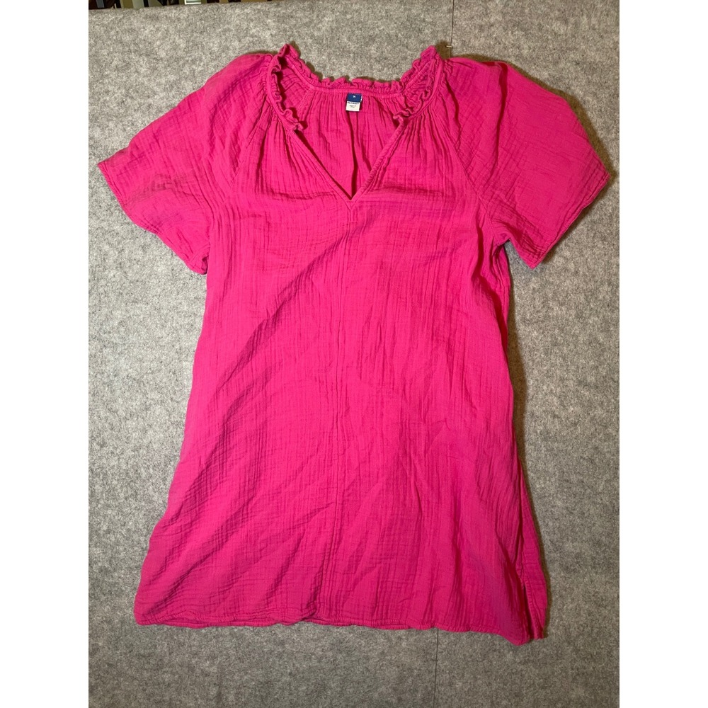 Old Navy Womens Pink Cotton Gauze Ruffle V-Neck Tunic Top Short Sleeve Medium